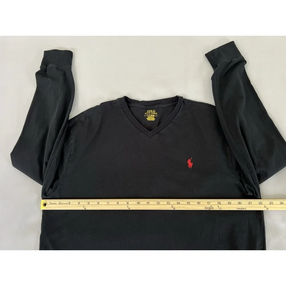 Polo Ralph Lauren Black V-Neck T-shirt Men Adult Large Long Sleeve Red Pony Logo